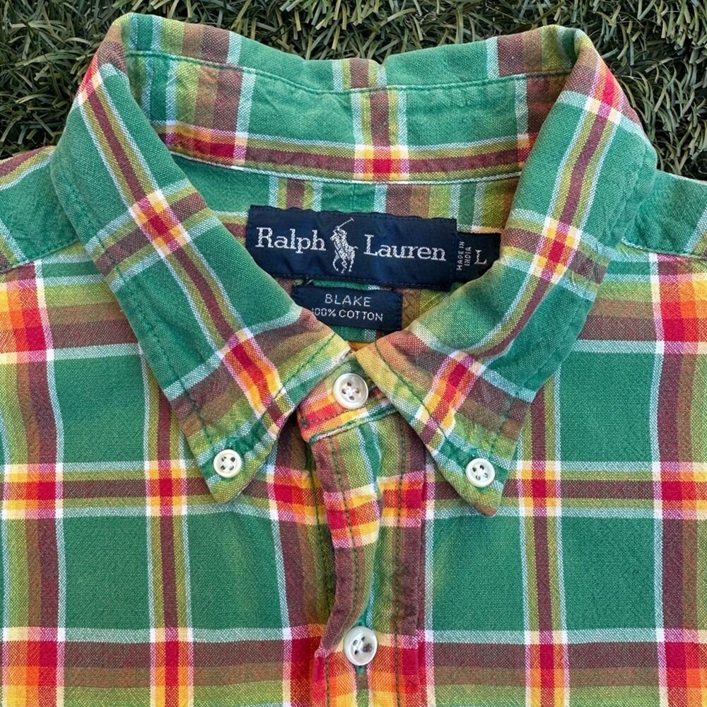 Vtg Ralph Lauren Tartan Plaid Button Down Long Sleeve Oxford Shirt RARE COLOR L